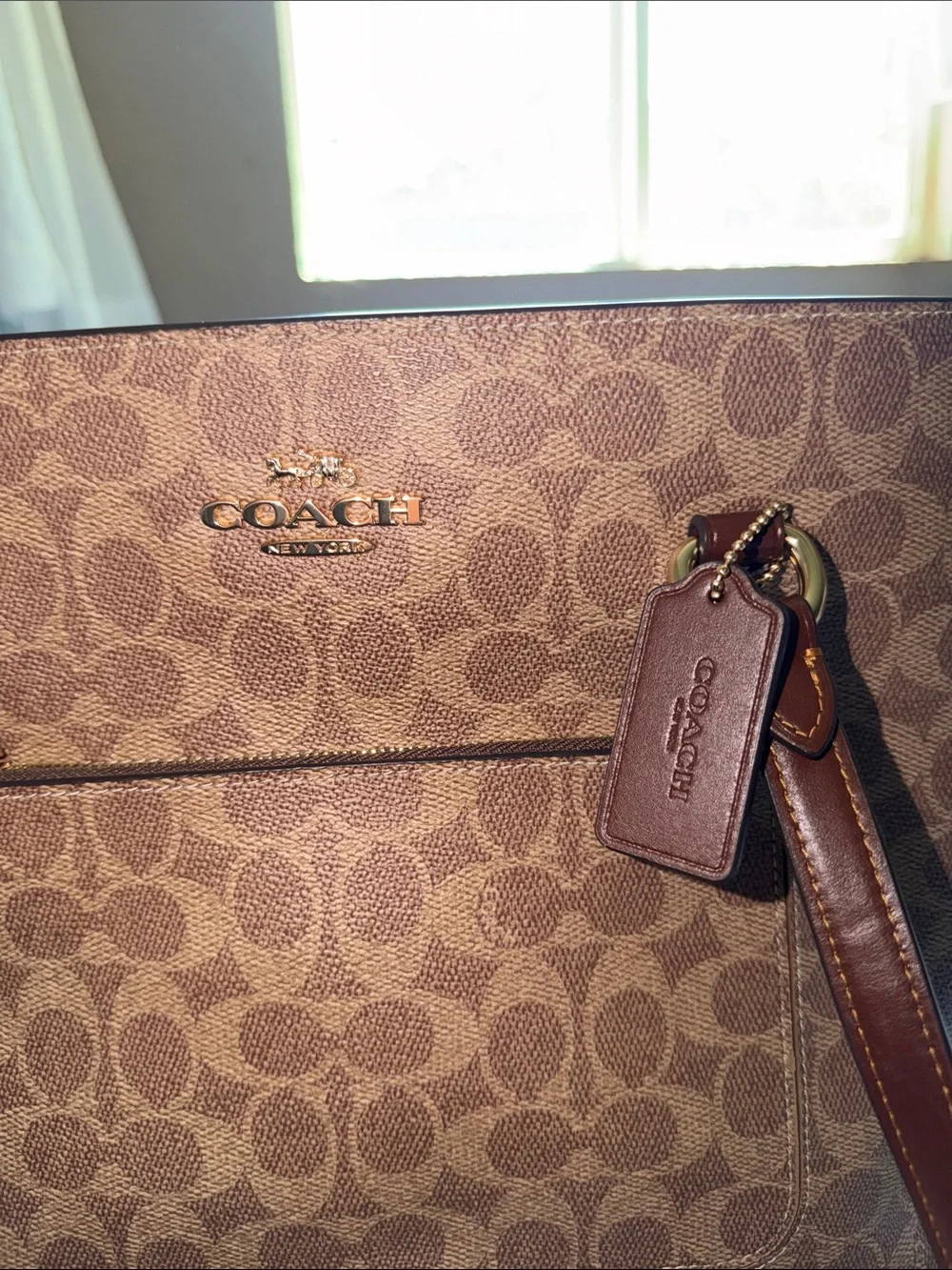 Authentic Coach Brown Signature Canvas Station Tote with Leather Trim